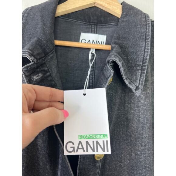 NWT Ganni Short Sleeves Collared Denim Washed Black Mini Dress Size: 10 - Picture 5 of 9